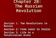 Chapter 28: The Russian Revolution Section 1: Two Revolutions in Russia Section 2: From Lenin to Stalin Section 3: Life in a Totalitarian State