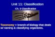 Unit 11: Classification Ch. 3 Classification Taxonomy = branch of biology that deals w/ naming & classifying organisms