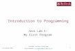 Introduction to Programming Java Lab 1: My First Program 9 January 2015 1 JavaLab1 lecture slides.ppt Ping Brennan (p.brennan@dcs.bbk.ac.uk)p.brennan@dcs.bbk.ac.uk