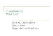 Investments MBA 536 Unit 6: Derivative Securities Speculative Markets