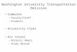 Washington University Transportation Emission Commuter –Faculty/Staff –Students University Fleet Air travel –Athletic Meets –Study Abroad