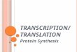 T RANSCRIPTION / T RANSLATION Protein Synthesis. RNA RIBONUCLEIC ACID SINGLE STRANDED RESPONSIBLE FOR BRINGING THE GENETIC INFO. FROM THE NUCLEUS TO THE