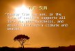 THE SUN Energy from the sun, in the form of sunlight supports all life via photosynthesis, and drives the Earth’s climate and weather