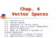 Chap. 4 Vector Spaces 4.1 Vectors in R n 4.2 Vector Spaces 4.3 Subspaces of Vector Space 4.4 Spanning Sets & Linear Independent 4.5 Basis & Dimension 4.6
