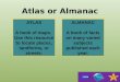 Atlas or Almanac ATLAS A book of maps. Use this resource to locate places, landforms, or streets. BACK NEXT ALMANAC A book of facts on many varied subjects