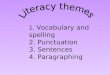 1.  Vocabulary and spelling 2. Punctuation 3. Sentences  4. Paragraphing