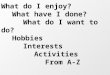 What do I enjoy? What have I done? What do I want to do?  Hobbies Interests Activities