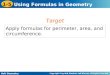 Apply formulas for perimeter, area, and circumference