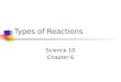 Types of Reactions Science 10 Chapter 6. 6.1 Exothermic vs Endothermic Reactions Exothermic: Energy-releasing rxn. (may be hot) Ex: explosion, burning