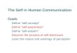 The Self in Human Communication Goals Define “self-concept” Define “self-awareness” Define “self-esteem” Discover the process of self-disclosure Learn
