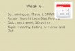 Week 6 Set mini-goal: Make it SMART! Return Weight Loss Diet Review Quiz: next week 10 points Topic: Healthy Eating at Home and Out