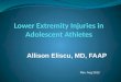 Allison Eliscu, MD, FAAP Rev. Aug 2012. Lower Extremity Injuries  Patellofemoral Pain Syndrome  Osgood Schlatter Disease  Ankle sprains  Sever’s Disease