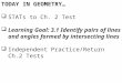TODAY IN GEOMETRY…  STATs to Ch. 2 Test  Learning Goal: 3.1 Identify pairs of lines and angles formed by intersecting lines  Independent Practice/Return