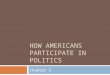 HOW AMERICANS PARTICIPATE IN POLITICS Chapter 5. Political Participation  All the activities in which citizens engage to influence the selection of political