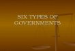 SIX TYPES OF GOVERNMENTS. Standards SS7CG4 The student will compare and contrast various forms of government. SS7CG4 The student will compare and contrast