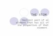THE ATOM Smallest part of an element that has all of the properties of that element