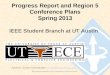Progress Report and Region 5 Conference Plans Spring 2013 IEEE Student Branch at The University of Texas at Austin Adviser: Sriram Vishwanath, sriram@ece.utexas.edusriram@ece.utexas.edu