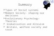 Summary  Types of Social systems  Modern Society- shaping our decisions  Evolutionary Psychology- Theories  Globalisation and Altruism  Britain, welfare