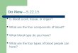 Do Now—5.22.15 Is blood a cell, tissue, or organ? What are the four components of blood? What blood type do you have? What are the four types of blood