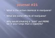 What is the active chemical in marijuana?  What are some effects of marijuana?  Why would smoking a “joint” put MORE tar in your lungs than a cigarette?