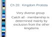 Ch 20: Kingdom Protista Very diverse group Catch all - membership is determined mainly by exclusion from the other kingdoms