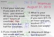 Finance Warmup August 31, 2015 1. Find your total pay if you earn $16 an hour, you worked 40 hours this week and 7 hours of overtime. You receive time
