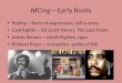 MCing – Early Roots Poetry – form of expression, tell a story Civil Rights – Gil Scott Heron, The Last Poets James Brown – small rhymes, raps Richard Pryor