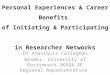 Personal Experiences  Career Benefits of Initiating  Participating in Researcher Networks Dr Anastasia Callaghan Reader, University of Portsmouth UKRSA