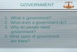 GOVERNMENT 1.What is government? 2. What does a government do? 3. Why do people need government? 4. What types of government are there?