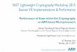 NIST Lightweight Cryptography Workshop 2015 … Cortex-M3 CPU at 32MHz NXP LPC1768 ARM Cortex-M3 CPU at 96MHz ARM Cortex-M0+ CPU at 48MHz 10 Prototyping Boards used in Performance