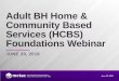 Adult BH Home & Community Based Services (HCBS ... · ‣State Identified HARP enrolled Medicaid beneficiaries age 21 and older ‣Individuals enrolled in HIV SNPs determined by the