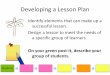 Developing a Lesson Plan - cebm.net · Developing a Lesson Plan Identify elements that can make up a successful lesson. Design a lesson to meet the needs of a specific group of learners