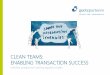 CLEAN TEAMS: ENABLING TRANSACTION SUCCESS · 2019-08-21 · Clean Team Further external advisors Corporate Finance Target Signing Closing (Day1) 100 days Target screening Valuation