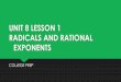 UNIT 8 LESSON 1 RADICALS AND RATIONAL …...Rewrite the following with Rational Exponents P. 5 3 Q. 23𝑎2 R. 324 2 4 RATIONAL EXPONENTS AS RADICALS Completely simplify (no negative