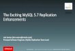 The Exciting MySQL 5.7 Replication Enhancements › presentations › innovation-day...Interesting Stats Related to MySQL 5.7 •40 replication worklogs pushed to MySQL 5.7 –29 related