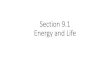 Section 9.1 Energy and Life•Sodium-potassium pump in cell membrane •Membrane proteins pump sodium ions (Na+) out of the cell and potassium ions (K+) into the cell. •ATP provides