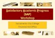 Satisfactory Academic Progress (SAP) Workshop Satisfactory Academic Progress (SAP) Status Good Standing Must maintain Cumulative 2.0 GPA and 67% PCT every semester. Warning If you