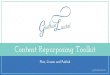 Content Repurposing Toolkit · repurpose one blog, podcast or video into enough content to last a month or more. However, you don’t have to repurpose everything you create. It’s