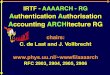 Authentication Authorisation Accounting ARCHitecture RG · History & Charter • Authorization subgroup of AAA-WG • Commonality in authorization space • Tie in policy from all