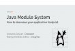 How to decrease your application footprint Java Module System · Docker awareness JDK-8146115 enhancement JDK-8186309 enhancement JDK-8179498 enhancement Can extract container-specific