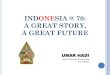 INDONESIA @ 70: A GREAT STORY, A GREAT FUTUREAnti-corruption, bureaucratic reform, and legal certainty Infrastructure projects Maritime economy The ASEAN Community. Recent Policies