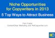 Niche Opportunities for Copywriters in 2013€¦ · copywriting specialist... • Stands apart with value • Aligns with clients as a true partner/colleague • Is found more often!