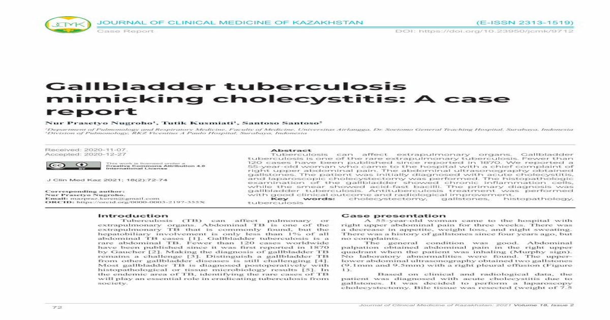 Pdf Gallbladder Tuberculosis Mimicking Cholecystitis A Case