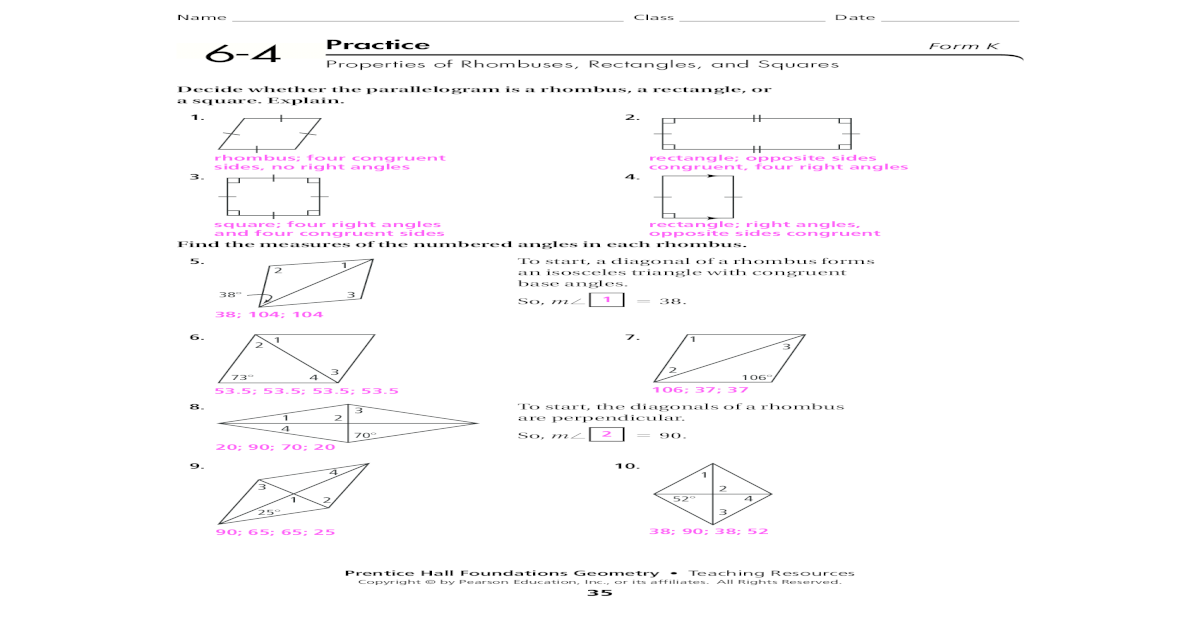 Properties of Rhombuses, Rectangles, and Practice Form K Properties of Rhombuses, Prentice