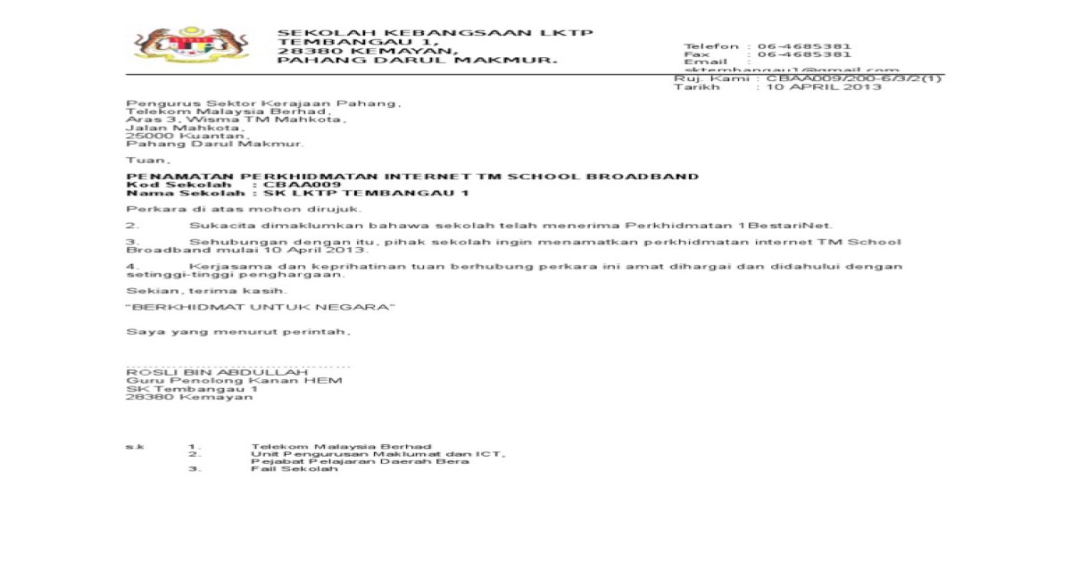 Contoh Surat Penamatan Perkhidmatan Unifi