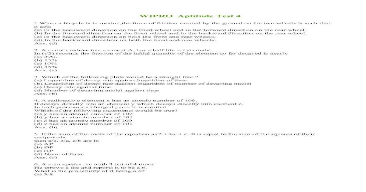 WIPRO Aptitude Test 4 Entrance examentrance exam forum attachments question papers