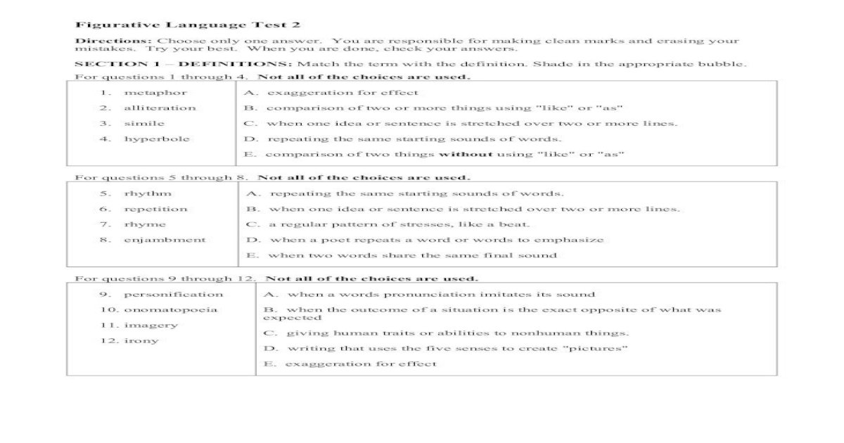 Figurative Language Worksheet 2 Answers
